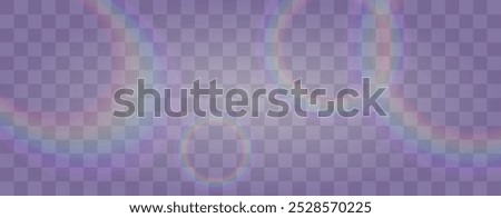 Colorful light halos. Soft rainbow lens flares with transparent background. Subtle circular reflections in pastel colors