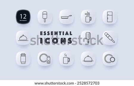 Food and beverage set icon. Ice cream, frying pan, coffee, and refrigerator. Represents kitchen appliances, drinks, meals, and food preparation tools