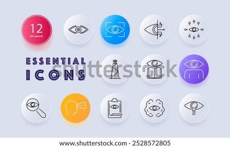 Vision and surveillance set icon. Eye symbol, biometric scan, AI vision, surveillance tower, eye in book, human vision, magnifying glass, alert, clipboard review, and vision in thought cloud