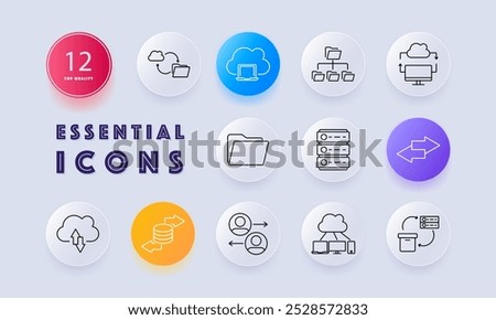 Cloud storage icon. Cloud upload, laptop connection, file directory, cloud synchronization, server storage, data transfer, database, file sharing, system network, folder, remote access, data backup