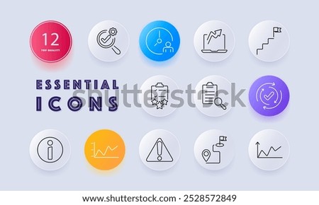 Business management set icon. Features magnifier, clipboard, clock, graphs, location pin, and progress arrows, symbolizing leadership, analysis, time management, and performance tracking