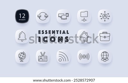 Technology and connectivity set icon. Computers, Wi-Fi, user network, and notification bell. Icons for internet connectivity, data sharing, and digital communication