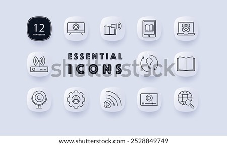 Tech set icon. TV settings, speaker, e-reader, laptop, Wi-Fi router, webcam, privacy gear, play button, streaming video, global search. Suitable for media, networking, and technology themes