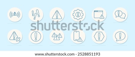 Warning set icon. Alert waves, double exclamation marks, warning triangle, gear, browser, speech bubbles, crossed, triangular signs, phone alert, hexagon .