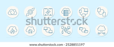 Cloud computing set icon. Cloud sync, arrows, file sharing, server, data exchange, folder structure, remote storage, database transfer, upload, file transfer, cloud home network