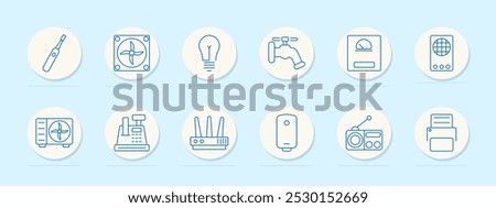 Household electronics set icon. Electric toothbrush, fan, lightbulb, faucet, meter, remote, HVAC unit, cash register, router, water heater, radio, printer.