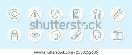 Cybersecurity set icon. Lifesaver, alert, cloud shield, fingerprint, wrench, padlock, eye, phone cloud, chain, document, browser with lock.