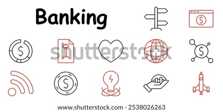 Banking set icon. Currency, document, heart, globe, connection, signal, ideas, presentation, hand with chart, rocket