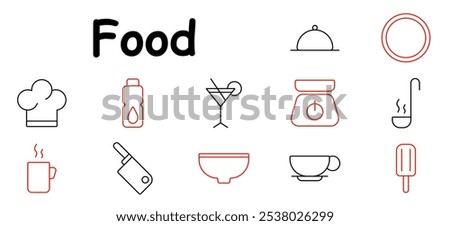 Food set icon. Chef hat, water bottle, cocktail, scale, serving dome, plate, cup, knife, bowl, ladle, ice cream