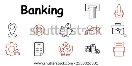 Banking set icon. ATM, gear with arrow, piggy bank, dollar sign, briefcase, interest, document, location pin, coins, target, financial growth