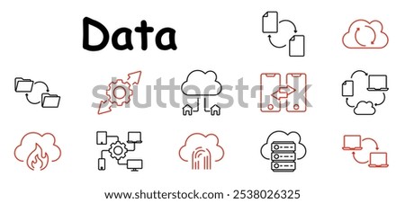 Data set icon. Folder sync, gear, cloud, network, server, file transfer, database, fingerprint, upload, technology, sharing