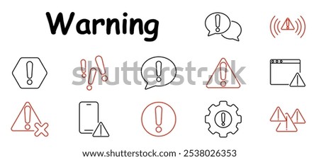 Warning set icon. Exclamation mark, caution, alert, settings, message, error, signal, notification, triangle, danger, attention, hazard