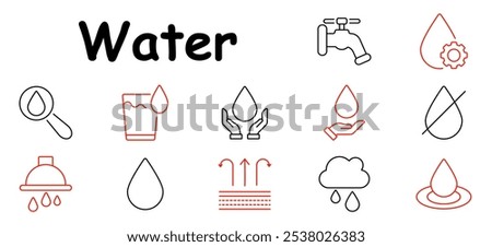 Water set icon. Water droplet with alert, truck, faucet, pipes, recycling, bottle, shield with drop, thermometer, water tank. Best for water supply, conservation, and resources