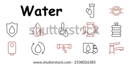 Water set icon. Water droplet with alert, truck, faucet, pipes, recycling, bottle, shield with drop, thermometer, water tank. Best for water supply, conservation, and resources