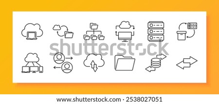 Data and file storage set icon. Cloud laptop, folder sync, file hierarchy, cloud upload, server rack, database sharing, user sync, data transfer, folder, storage bin, bidirectional transfer