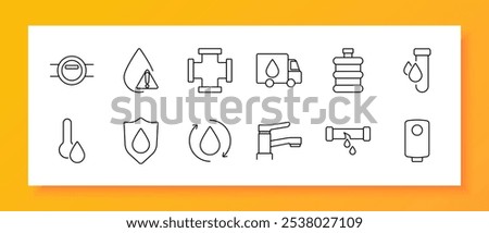 Water resources set icon. Drop, water alert, pipeline, delivery truck, water tank, test tube, temperature, shield, recycling, faucet, pipe, boiler