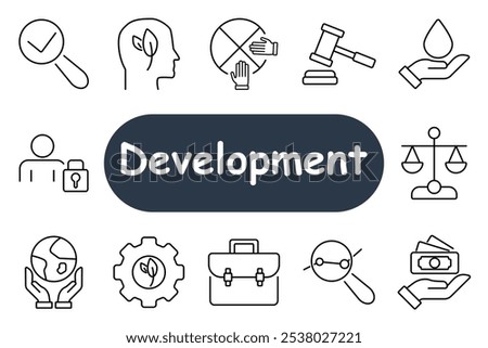 Development set icon. Magnifying glass, legal scales, brain with leaf, money, nature gear, business briefcase, search. Best for legal, environmental, and business development