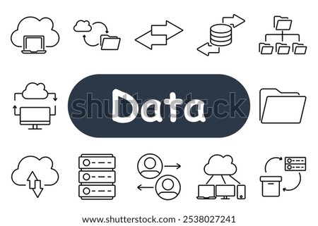 Data set icon. Cloud storage, file sync, database, network connections, data exchange between devices. Perfect for cloud computing, data management, and sharing