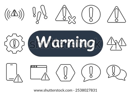 Warning set icon. Exclamation triangle, alert, signal, error sign, caution symbol, gear with alert, mobile warning, browser error. Suitable for alerts, caution, and warning systems