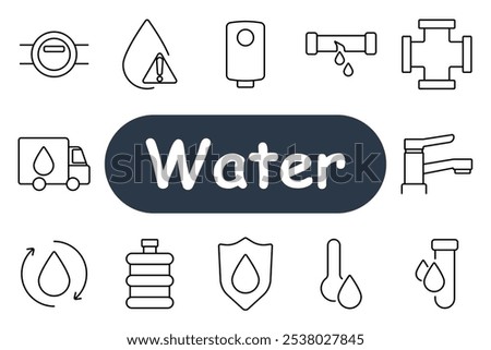 Water set icon. Water droplet with alert, truck, faucet, pipes, recycling, bottle, shield with drop, thermometer, water tank. Best for water supply, conservation, and resources