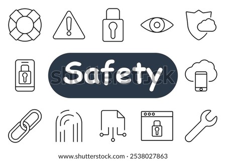 Safety set icon. Lifebuoy, alert triangle, lock, eye, cloud shield, mobile lock, chain link, fingerprint, digital file, browser lock, wrench. Suitable for security, protection, and digital safety