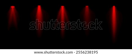 Red spotlight set. Multiple focused beams, ceiling-mounted lighting, bright white glow, stage illumination, modern lighting design, minimalistic decor, professional setup