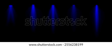 Blue spotlight set. Multiple focused beams, ceiling-mounted lighting, bright white glow, stage illumination, modern lighting design, minimalistic decor, professional setup