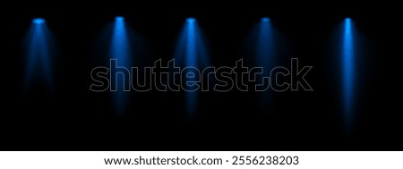 Blue spotlight set. Multiple focused beams, ceiling-mounted lighting, bright white glow, stage illumination, modern lighting design, minimalistic decor, professional setup