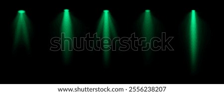 Green spotlight set. Multiple focused beams, ceiling-mounted lighting, bright white glow, stage illumination, modern lighting design, minimalistic decor, professional setup