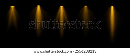 Golden spotlight set. Multiple focused beams, ceiling-mounted lighting, bright white glow, stage illumination, modern lighting design, minimalistic decor, professional setup