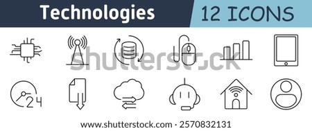 Technologies set icon. Chip, antenna, data refresh, mouse, graph, tablet, clock, download, cloud sync, chatbot, smart home, profile