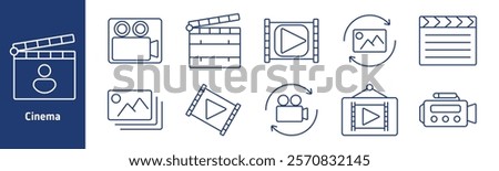 Internet set icon. Domain name, antenna, computer, arrow pointer, download folder, cloud, coding, www page, upload, router. Icons represent connectivity, browsing, data exchange, and infrastructure