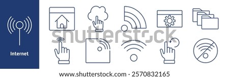 Internet set icon. Signal receiver, home page, cloud with tap, RSS feed, settings on browser, folders, connection error, wireless signal, disabled Wi-Fi, data management