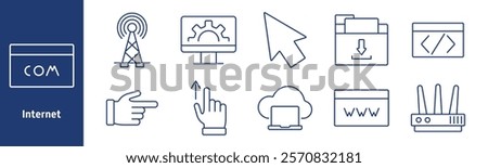 Internet set icon. Domain, signal tower, settings on monitor, cursor, download folder, code, pointing hand, upload, cloud computing, router, worldwide connection, data management