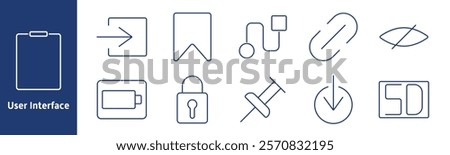 User interface set icon. Clipboard, arrow, bookmark, chart, link, hidden, battery, lock, pin, power button, SD card, navigation, access, security