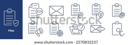 Files set icon. Secured clipboard, restricted file, envelope, medical report, privacy lock, financial document, announcement, directory, search file, email attachment