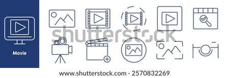 Movie set icon. Screen with play button, image frame, film strip, video reel, camera, clapperboard, photo gallery, video check, tripod, play media