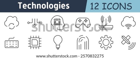 Technologies set icon. Cloud, circuit, AI head, gaming controller, router, cloud signal, keyboard, chip, lightbulb, fingerprint, cogwheel, signal off