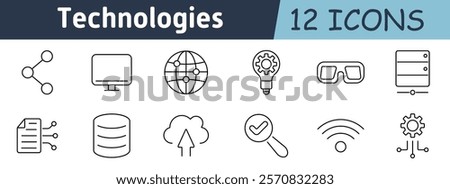 Technologies set icon. Network link, desktop, global map, innovation, smart glasses, server, data transfer, database, cloud upload, search check, wireless connection, engineering gear