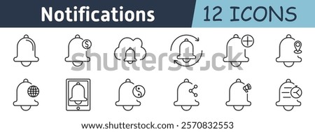 Notifications set icon. Basic alerts, financial reminders, cloud notifications, refresh, new alert, location-based, globe, mobile, yin-yang updates, sharing, megaphone, schedules