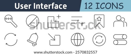 User interface set icon. Magnifier, restrict, add feature, alignments, bookmark, user group, loop, bell, expand, globe, cycle toggle, switch for interface controls