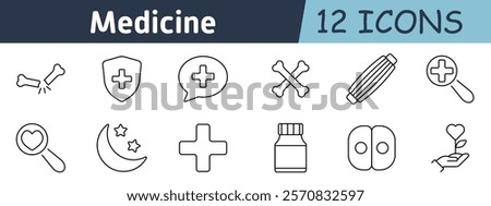 Medicine set icon. Broken bone, health shield, medical chat, crossed bones, bandage, heart search, night care, cross, pill bottle, tablet, heart care, plant healing