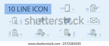 Mail and communication set icon. Clipboard, folder, envelope, approval, megaphone, request, shield, notification, submission, query