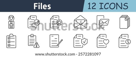 File management set icon. Documents, approval, starred files, emails, notifications, error lists, folder settings, clipboard data, download, verification