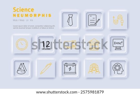 Science set icon. Clock, quality icon, necktie, document, flowchart, monitor, math board, equation, cone diagram, pencil, battery, global network, brain gear