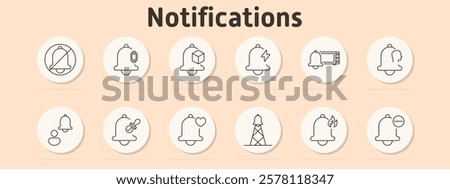 Notifications set icon. Disabled bell, battery, package, energy, TV notification, profile, user alert, pacifier, heart, antenna, fire alert