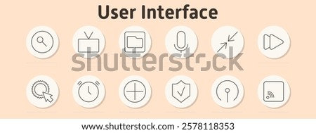 User interface set icon. Search icon, TV, folder, microphone, minimize arrows, forward, gear with cursor, clock, plus icon, shield with check, network, Wi-Fi signal.