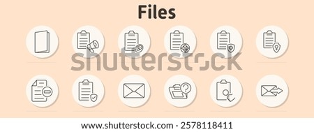 Files set icon. Folder, document, clipboard megaphone, report coin, compass, shield, document security, file minus, envelope, folder question, clipboard magnifying glass.