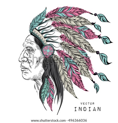 Man in the Native American Indian chief. Black roach. feather headdress of eagle.  Hand draw vector illustration