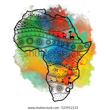 Textured vector map of Africa. Hand-drawn ethno pattern, tribal background. Vector illustration. Abstract Background with Watercolor Stains